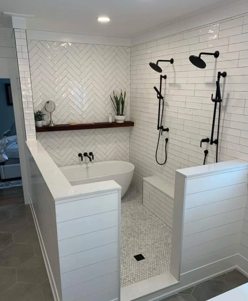 Master bathroom remodel in Knoxville, Tennessee with soaking tub, dual sinks, and walk-in shower