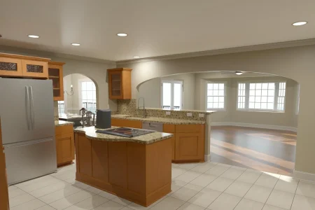 open-floor-plan-kitchen-living-remodel-knoxville.webp Open floor plan kitchen and living room remodel in Knoxville with center island and built-in shelving