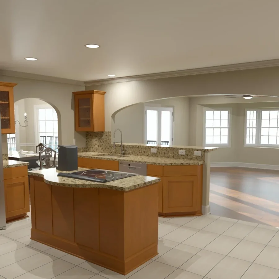 open-floor-plan-kitchen-living-remodel-knoxville.webp Open floor plan kitchen and living room remodel in Knoxville with center island and built-in shelving